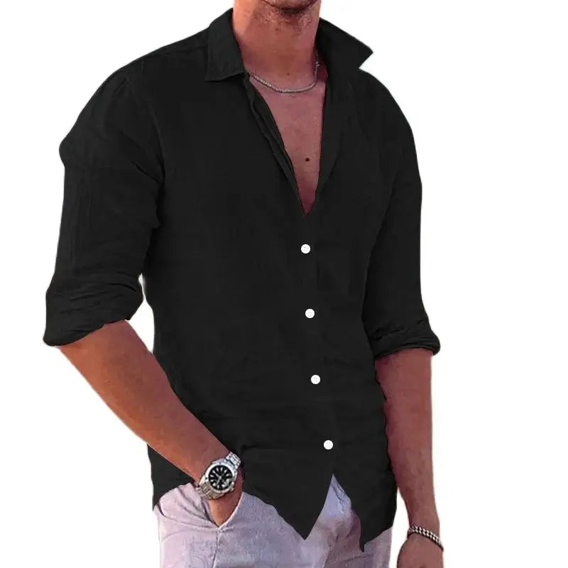 2024 Men's Stylish Linen Lapel Long Sleeve Shirt - Casual Solid Color Beach Top for All Sizes