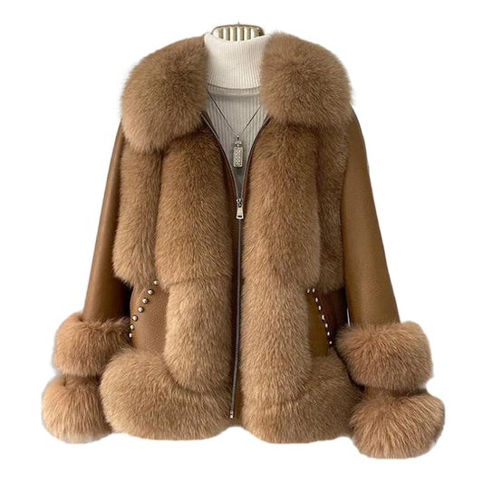 ZDFURS* 2021 New Women Fox Fur Coats Genuine Leather Jackets Fox Fur Collars Winter Warm Fur Clothing Overcoats Outwear Rivet