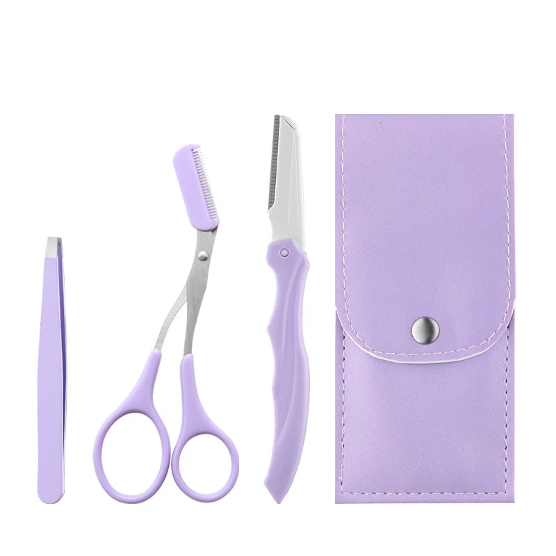 Fashionable Purple Eyebrow Grooming Kit: Foldable Trimmer, Comb, Scissors & Precision Tweezers - 2023 Collection