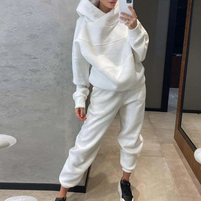 New Autumn Winter Thick Long Sleeved Hoodie Sets Casual Pocket Pants Sports Suit Women's Fashion Solid Loose Sweatshirt Outfits