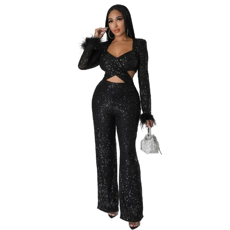 Chic Autumn V-Neck Sequin Jumpsuit with Feather Accents for Women