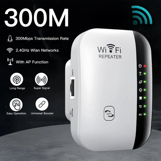 300Mbps Wireless Signal Booster and Wi-Fi Extender for Home and Office - Easy Setup and Universal Compatibility