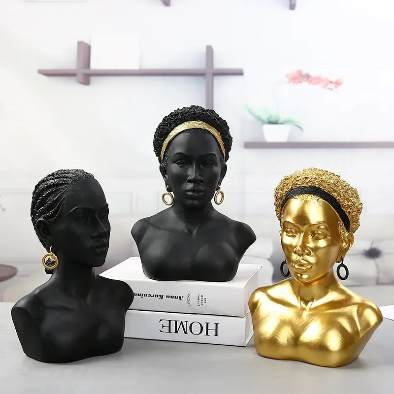 Resin African Black Woman Bust Statue American Figurines Sculpture Home Decor Living Room Shelf Display Cabinet Desk Decoration