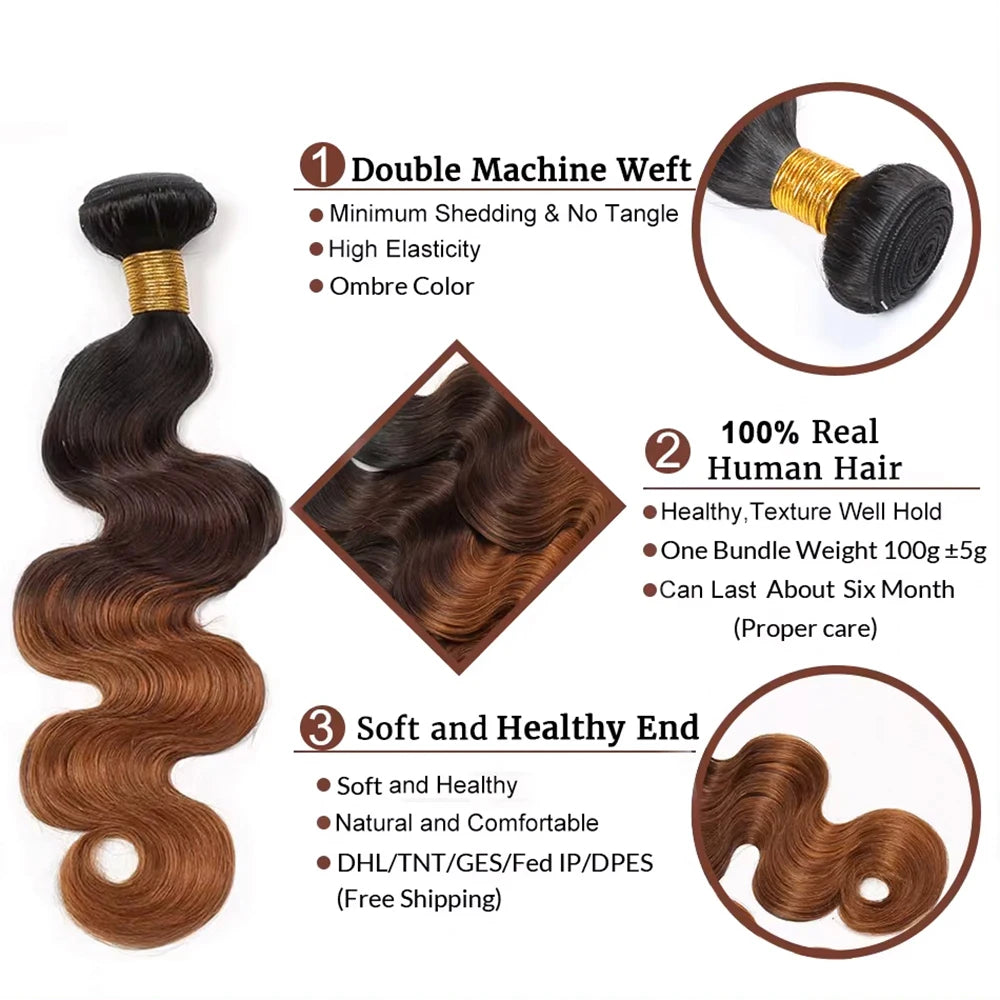 Ombre Brown 10A Brazilian Body Wave Remy Hair Extensions – T1B/4/30 Bundles (Set of 3)