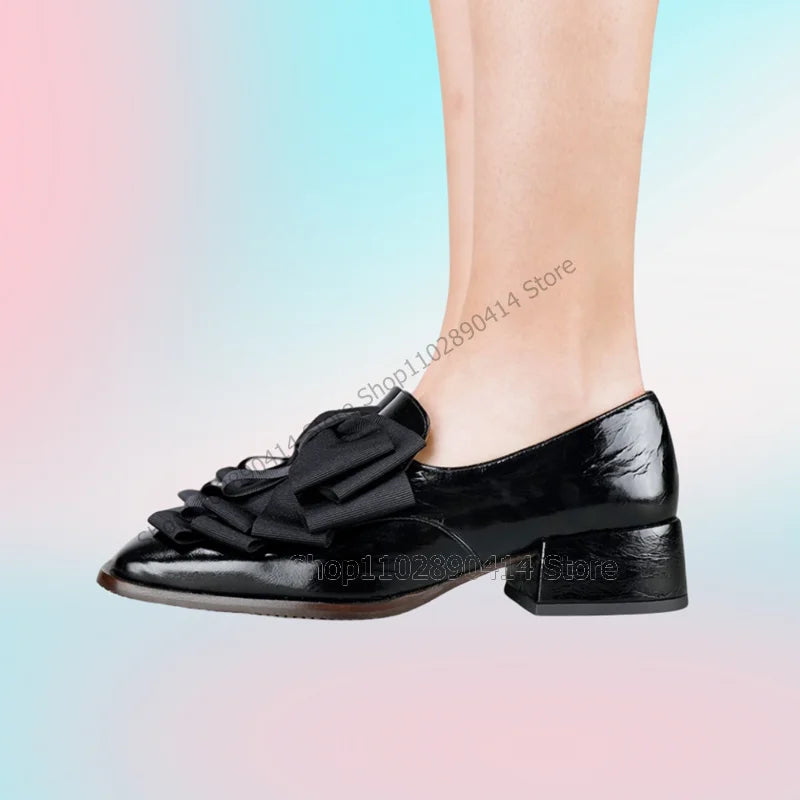 Chic Black Bow Knot Chunky Heeled Pumps with Square Toe for Women - Stylish Slip-On Shoes for Events and Gatherings 2023