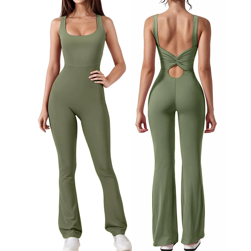 Womens Workout Flare Jumpsuit Backless Yoga Romper Scrunch Butt One Piece Bodysuit Leggings Open Back Gym Bodycorn