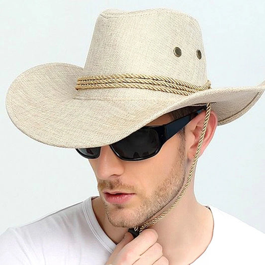 Lightweight Men’s Linen Cowboy Hat - Breathable Sunscreen Cap with Retro British Style for Summer Adventures