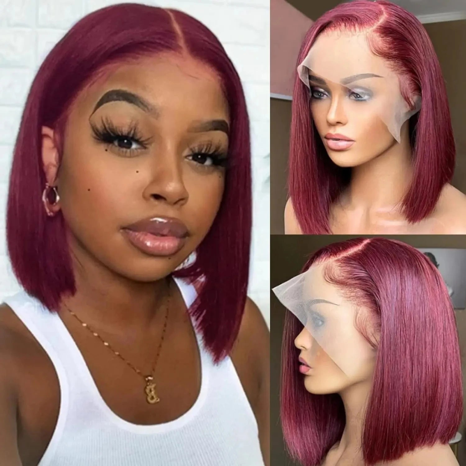 Vibrant 99J Burgundy 13x4 HD Lace Frontal Bob Wig - Pre-Plucked, Short Straight Brazilian Human Hair, 200% Density