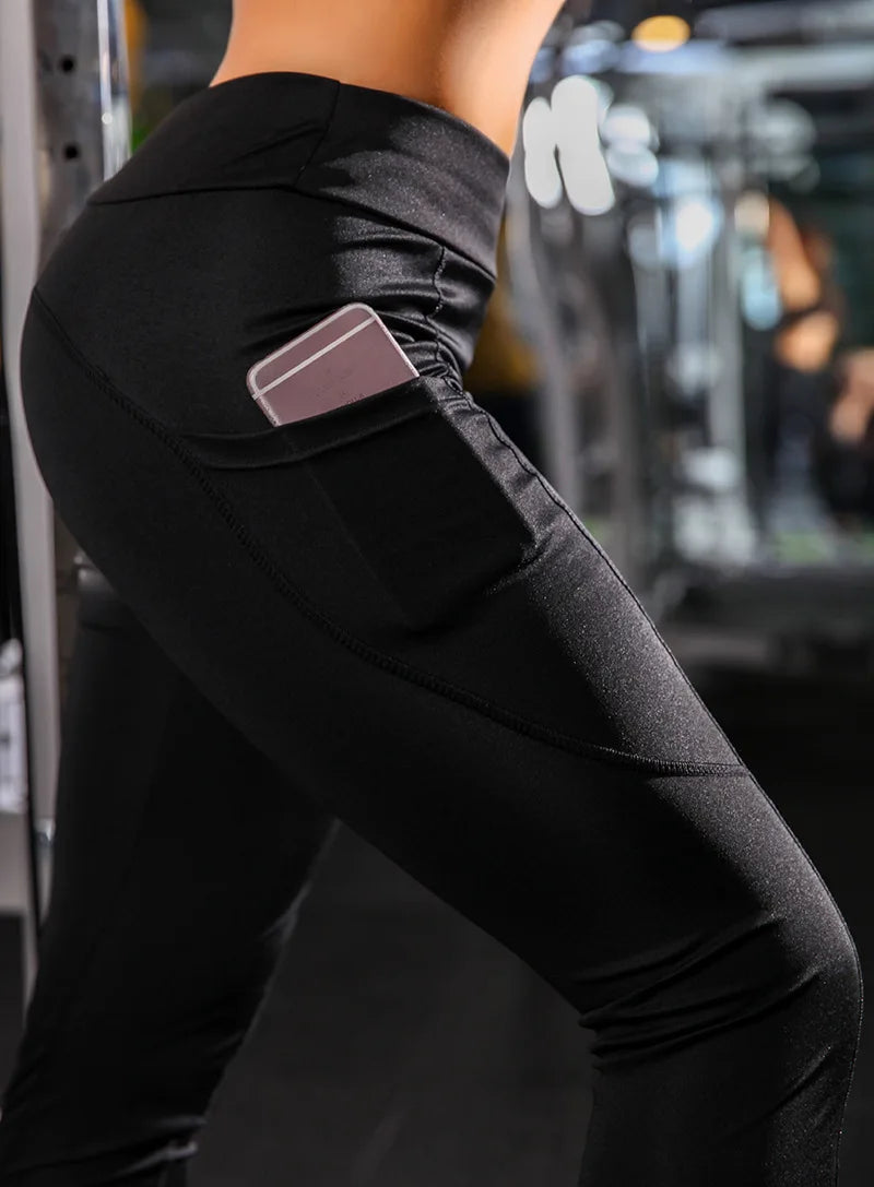 High Waisted Polyester Yoga Leggings with Pockets - Women's Fitness Trousers for Gym and Casual Wear