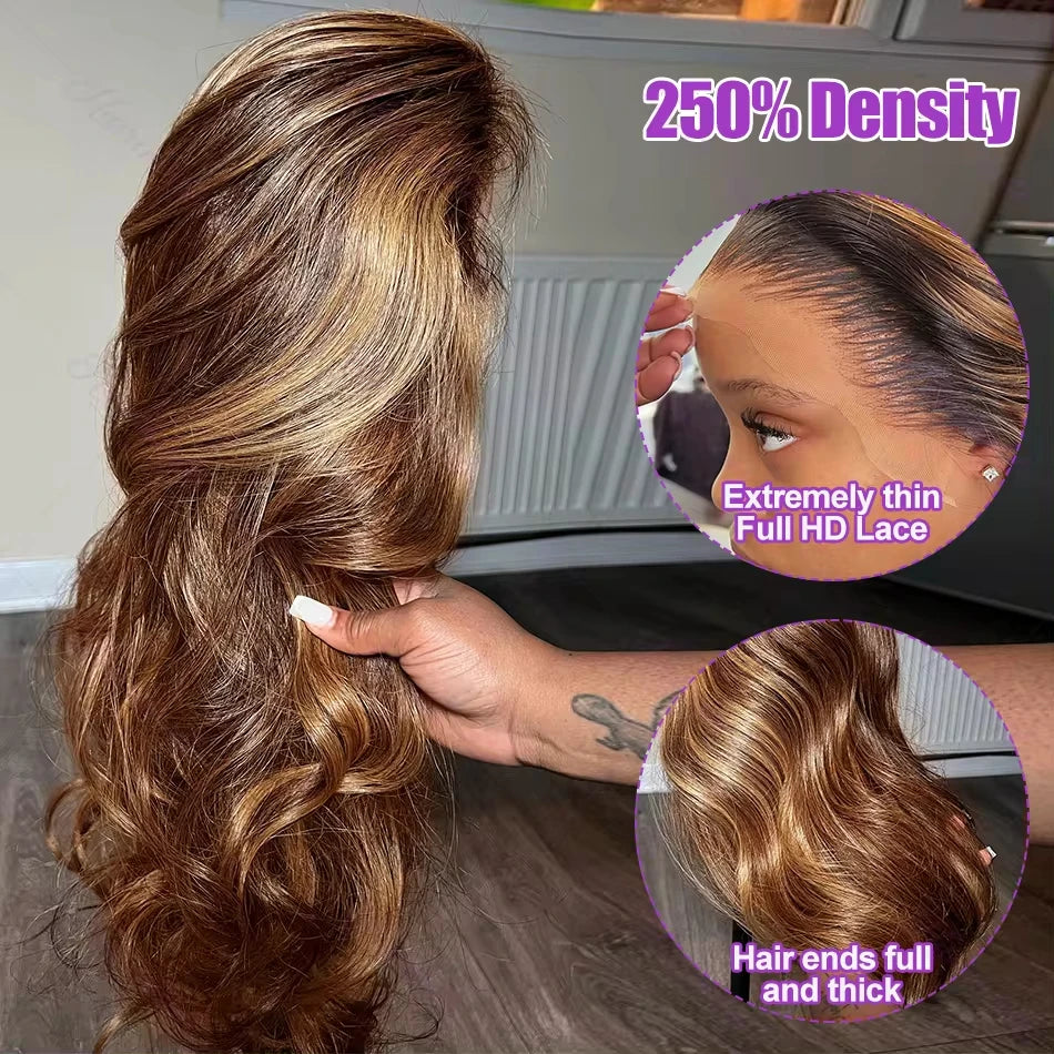 30-40 Inch Ombre Highlight Body Wave Lace Frontal Wig for Women - 250% Density Human Hair Style