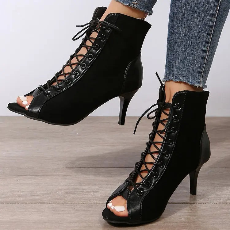 Lace-Up Peep Toe Stiletto Heels for Women - Sexy Hollow Mesh Sandals for Summer 2022