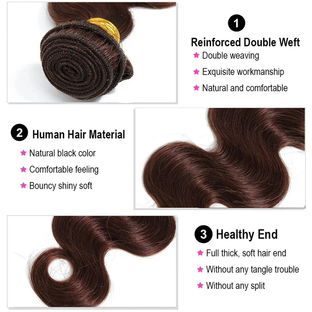 Luxurious Dark Brown Brazilian Body Wave Hair Extensions – 100% Remy, #4 Color Bundles