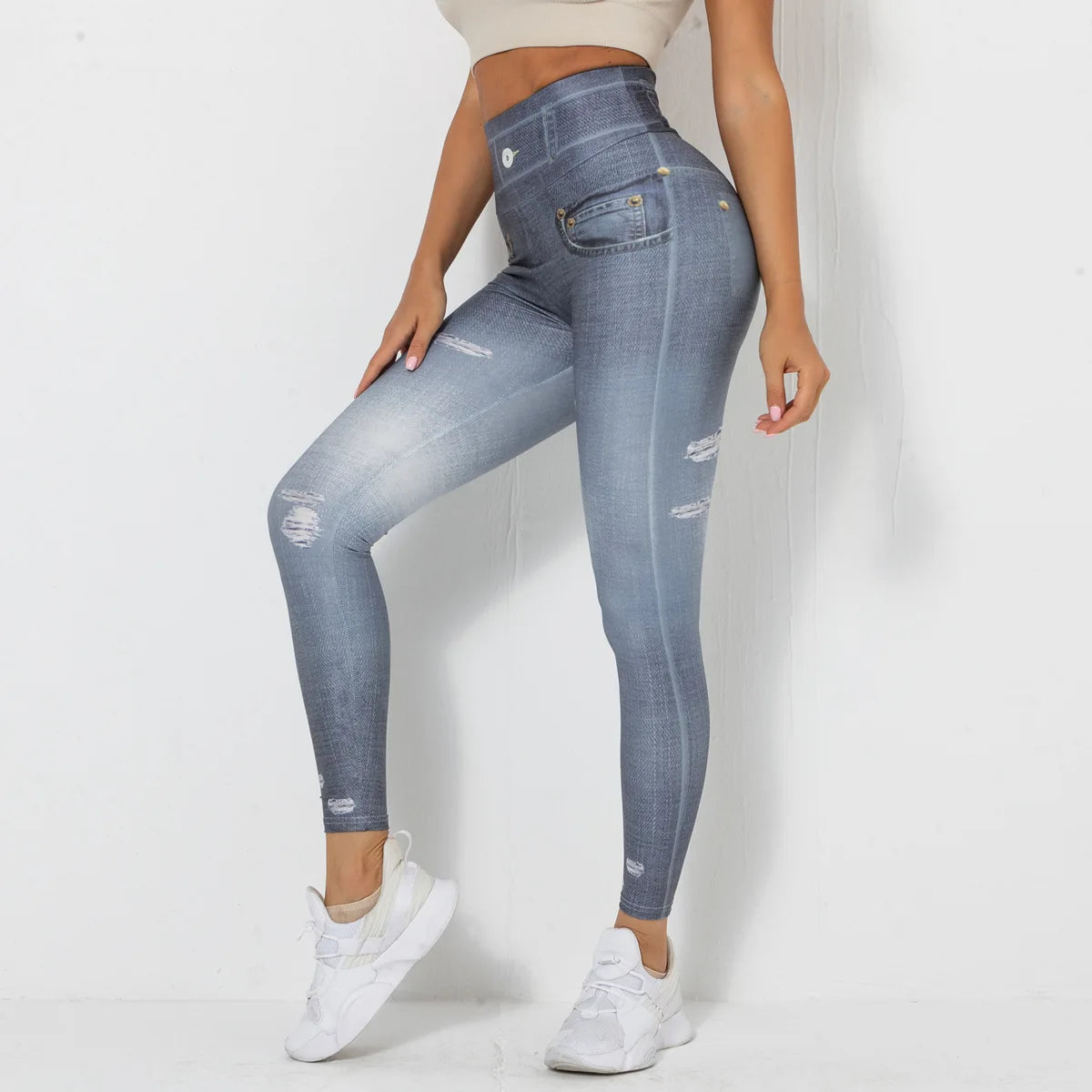 High Waist Scrunch Yoga Leggings for Women - Denim-Look Push Up Fitness Tights