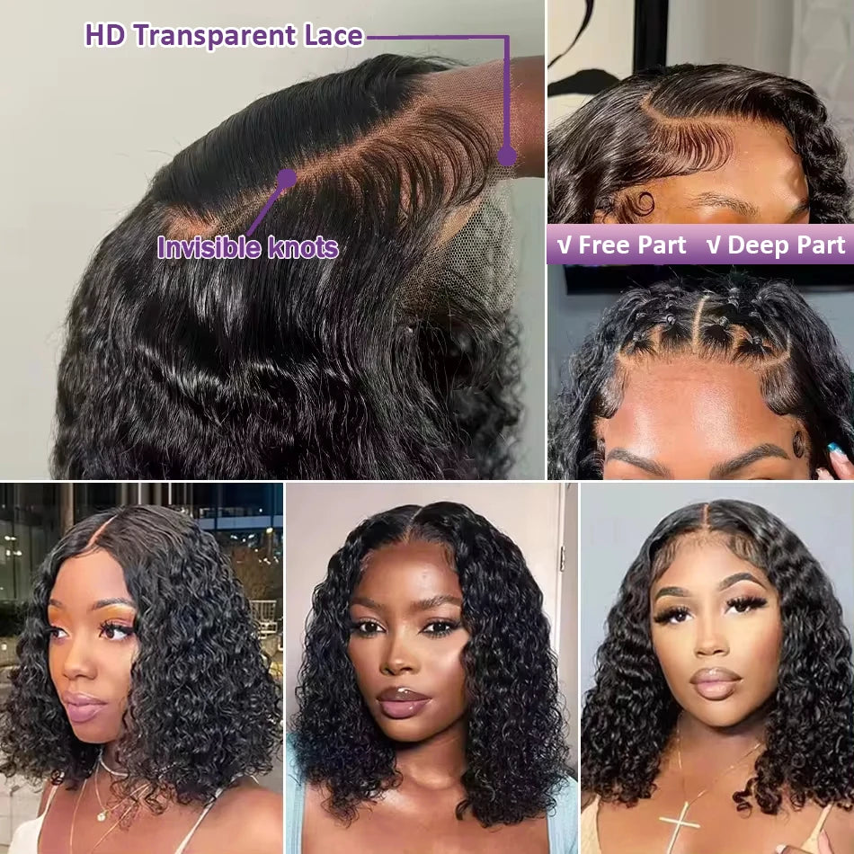 200% Transparent Deep Wave Curly Bob Wigs with 13x4 Lace Frontal and 4x4 Lace Closure for Women