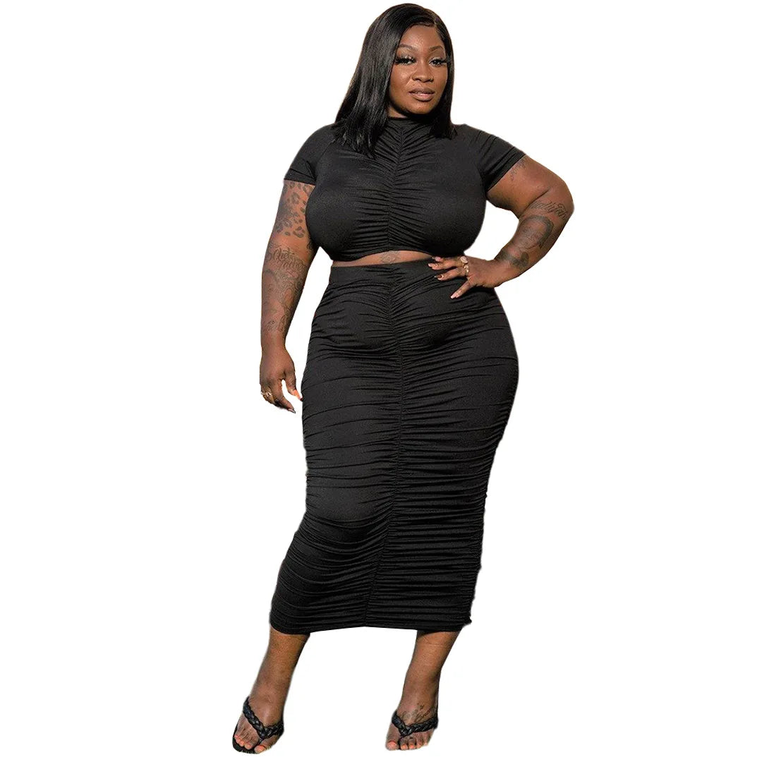 Chic Summer Bodycon Two-Piece Set for Women: Stylish Pleated Crop Top and Skirt Ensemble