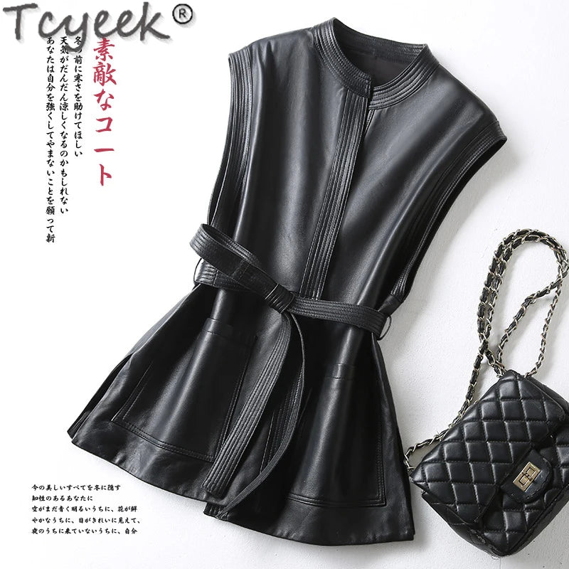 Tcyeek Genuine Leather Coat Women's Mid-length Sheepskin Vest Spring 2023 Slim Fit Motorcycle Leather Jacket Women Clothing New