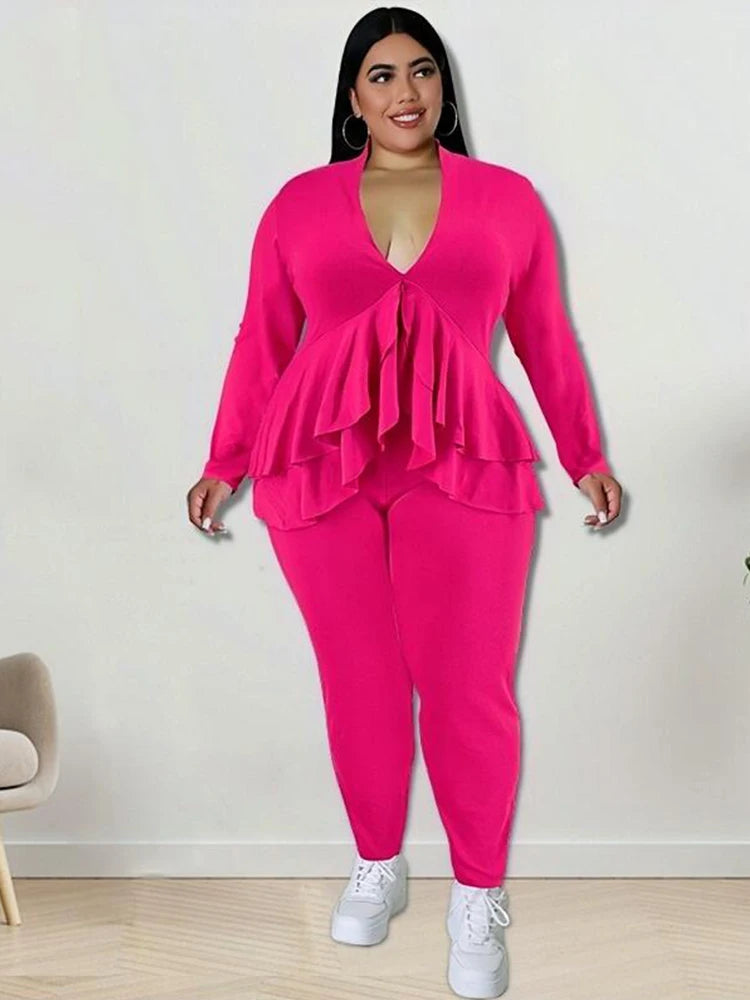 Chic Plus Size Women's Elegant Two-Piece Ruffle Blazer and Pants Suit Set for Stylish Comfort