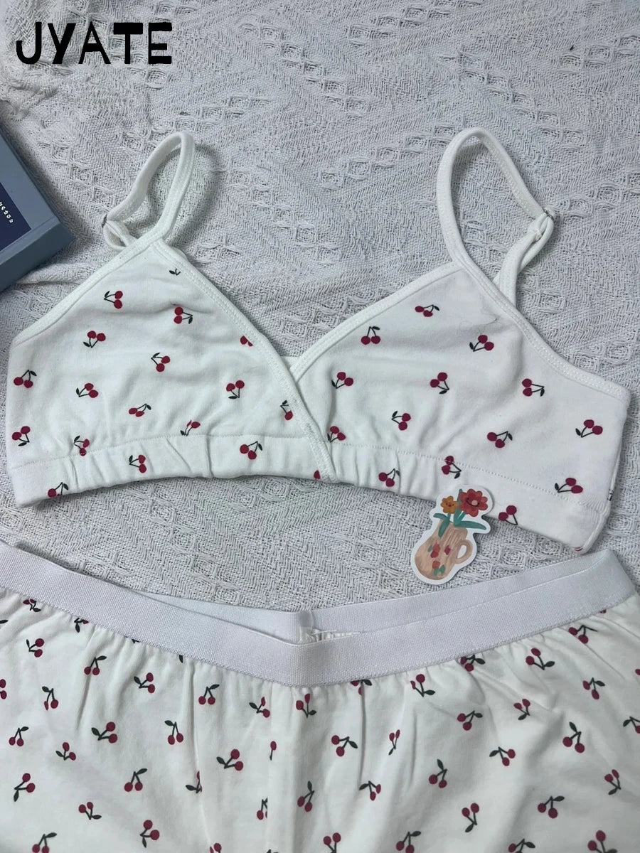 Playful Cherry Print Cotton Pajama Set for Women – Sexy V-Neck Bra and Chic Shorts Combo