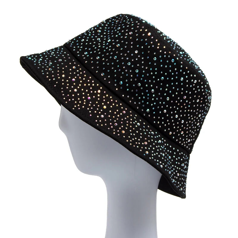 Chic Rhinestone-Studded Y2K Bucket Hat for Women - Stylish Cotton Panama Cap for Spring and Summer Escapades