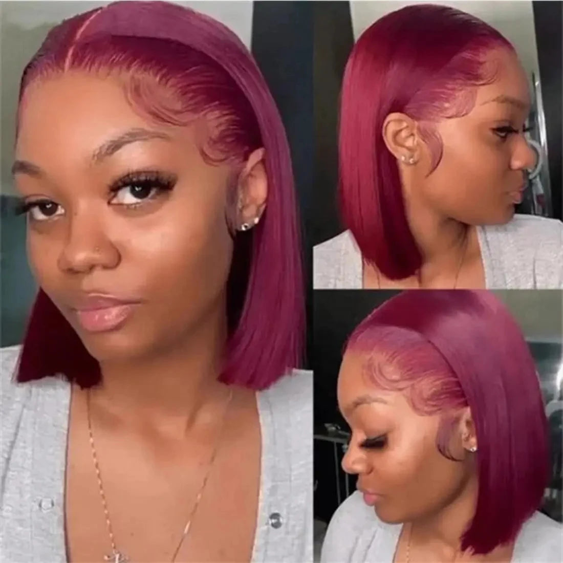 Vibrant 99J Burgundy 13x4 HD Lace Frontal Bob Wig - Pre-Plucked, Short Straight Brazilian Human Hair, 200% Density