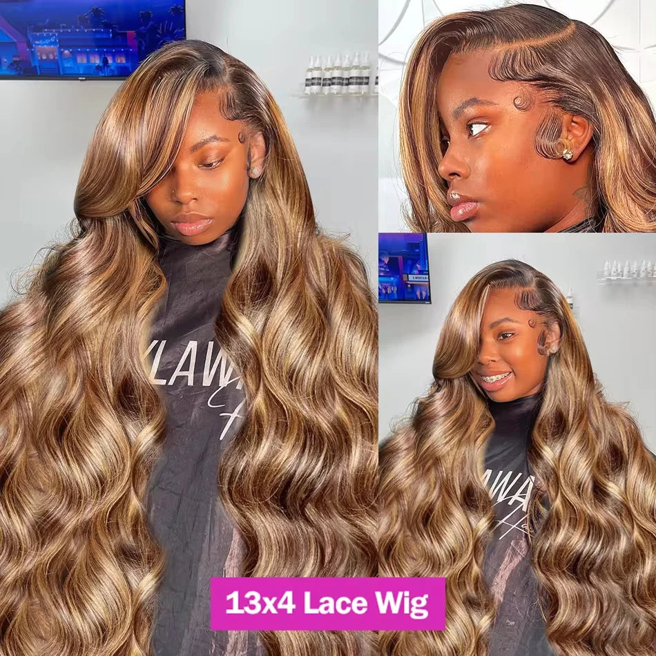 30-40 Inch Ombre Highlight Body Wave Lace Frontal Wig for Women - 250% Density Human Hair Style