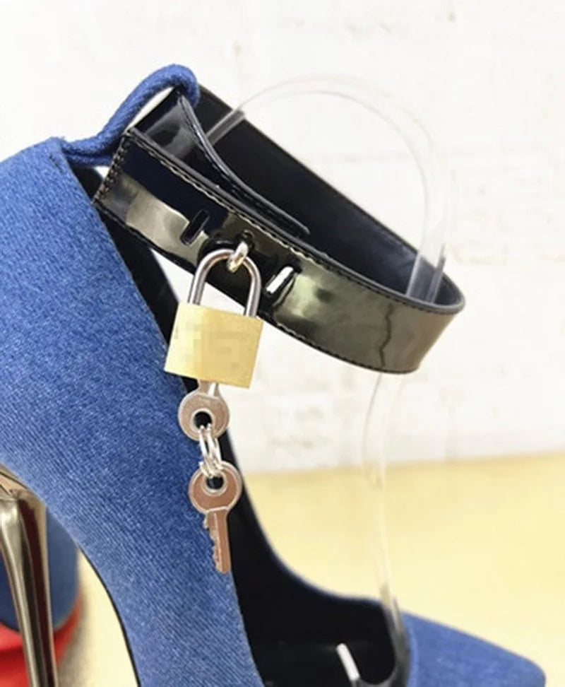 Chic 16cm Denim High Heels for Women - Customizable Fetish Pumps with Ankle Strap and Pointed Toe, Ideal for Cosplay Events