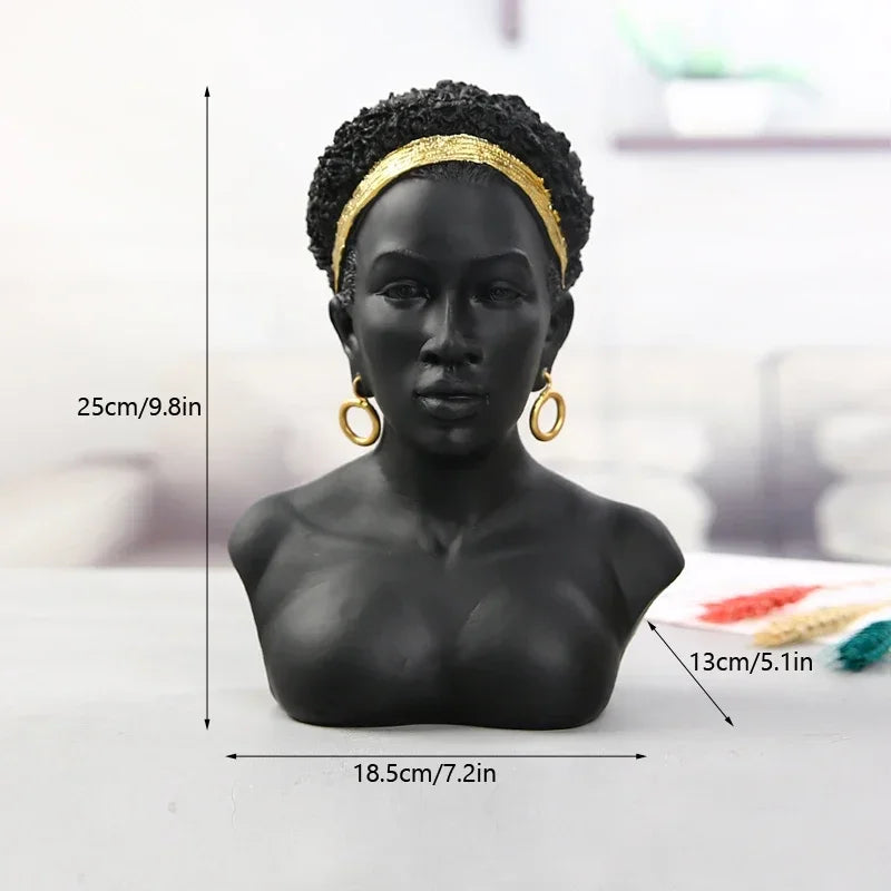 Resin African Black Woman Bust Statue American Figurines Sculpture Home Decor Living Room Shelf Display Cabinet Desk Decoration