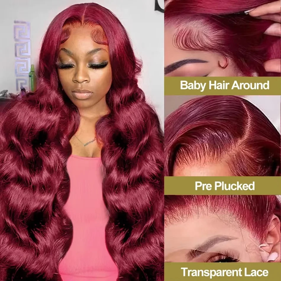 Burgundy Body Wave Lace Front Human Hair Wig for Black Women - 99J Remy HD Frontal Hairpiece