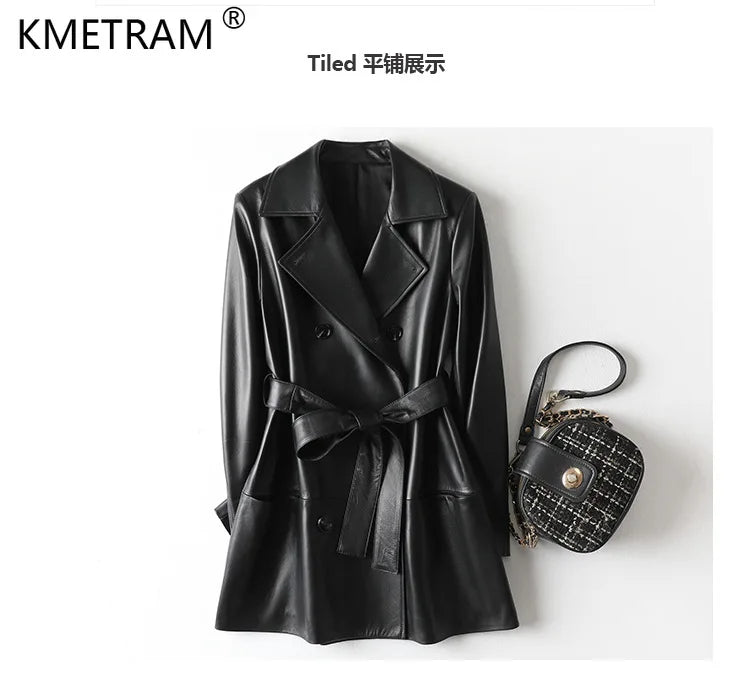 100% Genuine Leather Jackets Woman Korean Fashion Double-breasted Real Sheepskin Jacket Mid-length Elegant Leather Coat Outwear