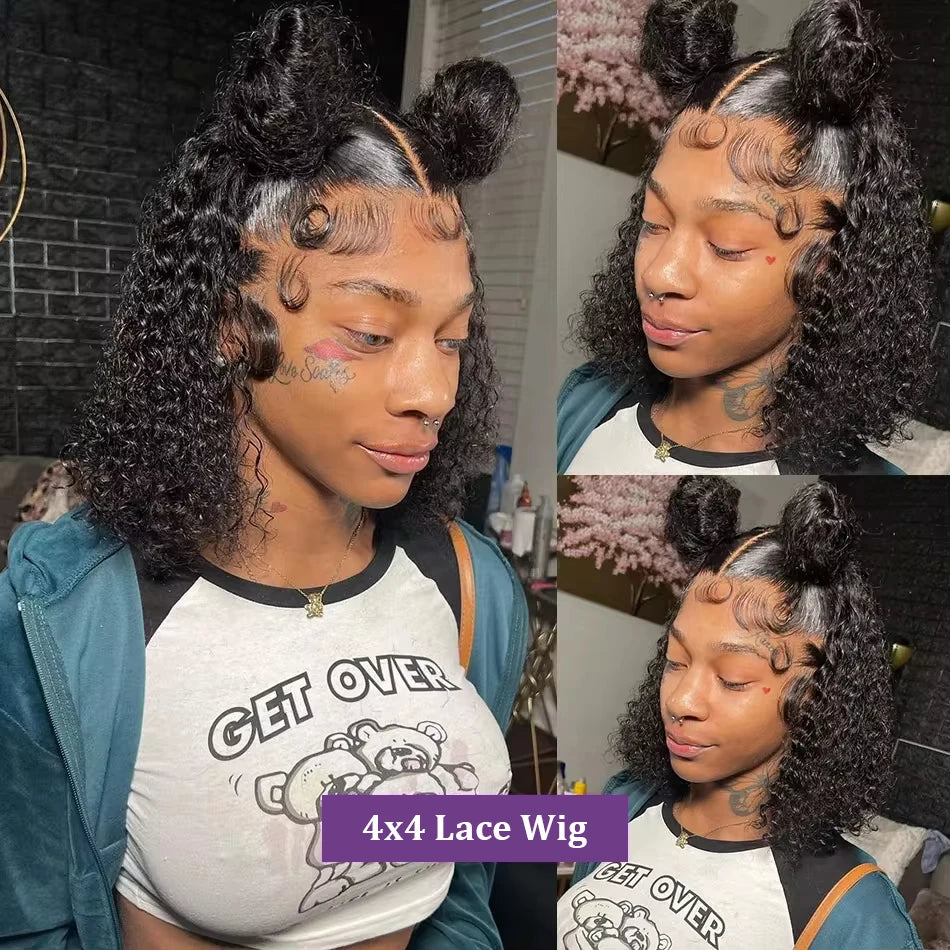 200% Transparent Deep Wave Curly Bob Wigs with 13x4 Lace Frontal and 4x4 Lace Closure for Women