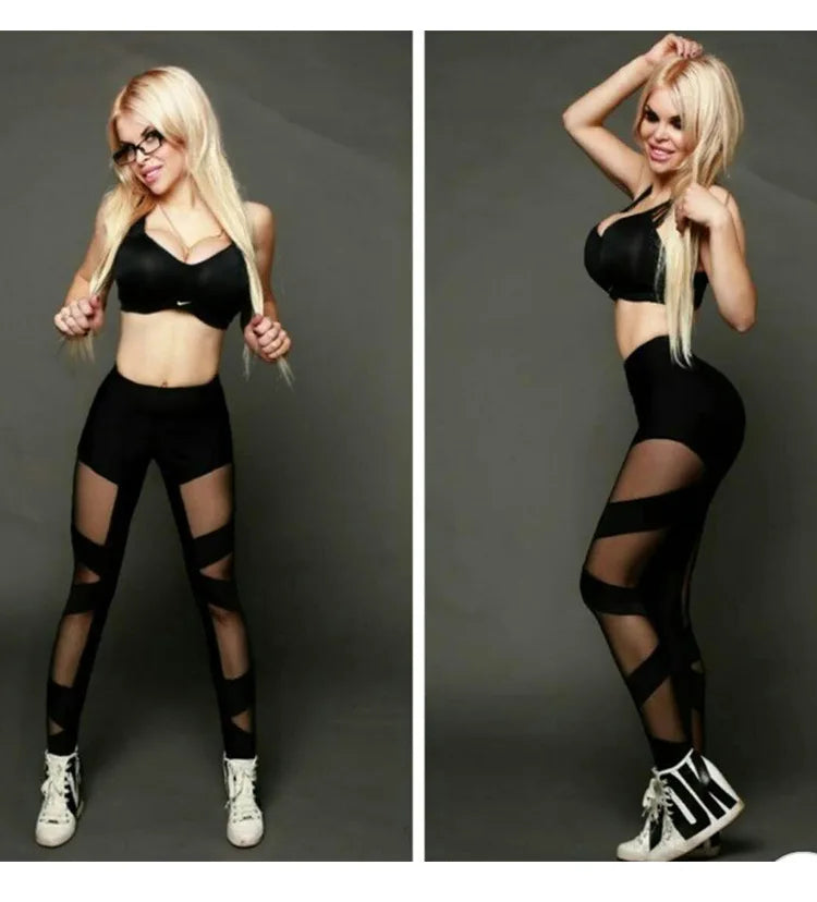 High Waist See-Through Mesh Leggings for Women - Stylish Cross Sports & Dance Pants