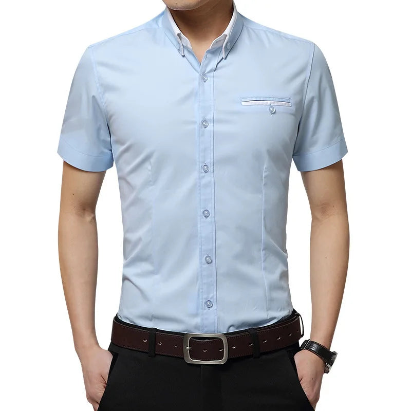 Elegant Summer Short Sleeve Tuxedo Shirt for Big and Tall Men - White and Blue