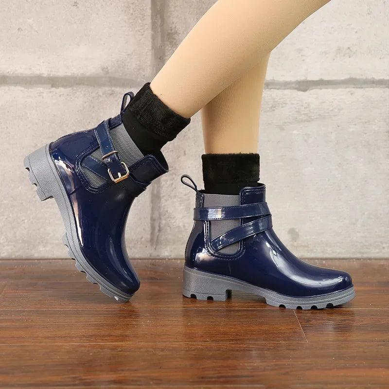 Stylish Waterproof Ankle Rain Boots for Women - PU Leather Slip-On Booties for All Seasons