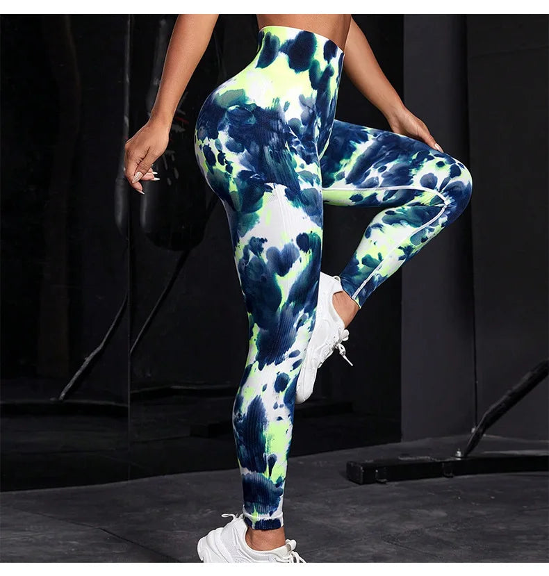 Women's High Waist Tie Dye Fitness Leggings for Yoga and Running - Honey Peach Seamless Tights for Hip Training