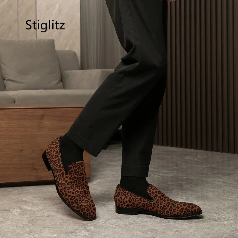 Leopard Print Casual Slip-On Loafers for Men - Breathable Genuine Leather Dress Shoes for Office and Driving in Spring and Autumn