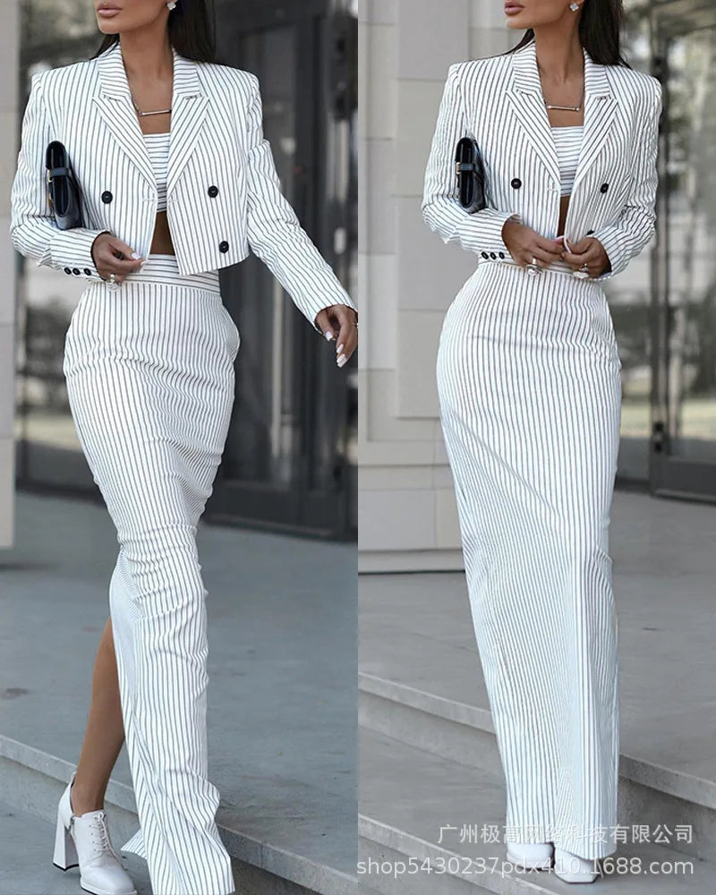 Chic Striped Blazer and High-Waisted Slim Skirt Set for Women