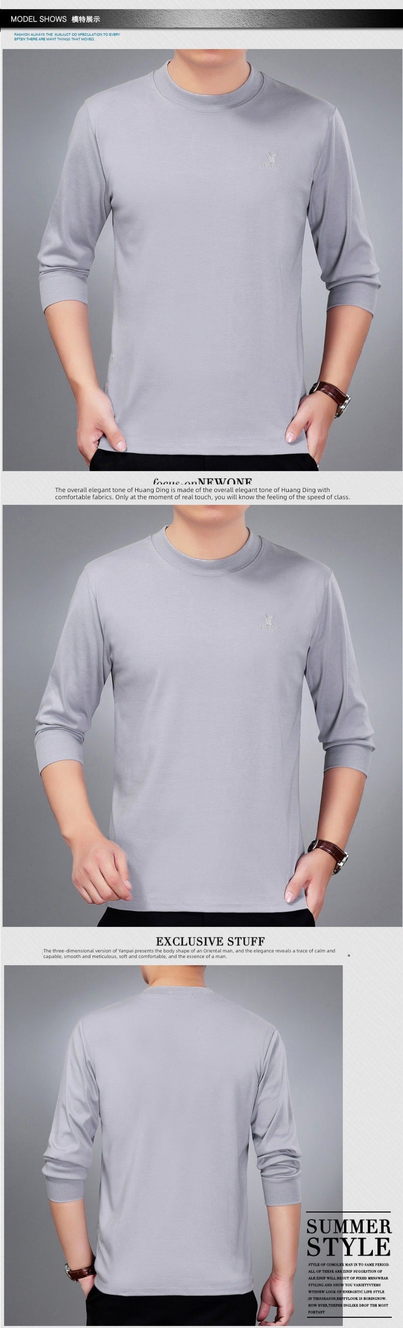 Cotton Long-Sleeve Half-Neck T-Shirt for Stylish Middle-Aged Dads