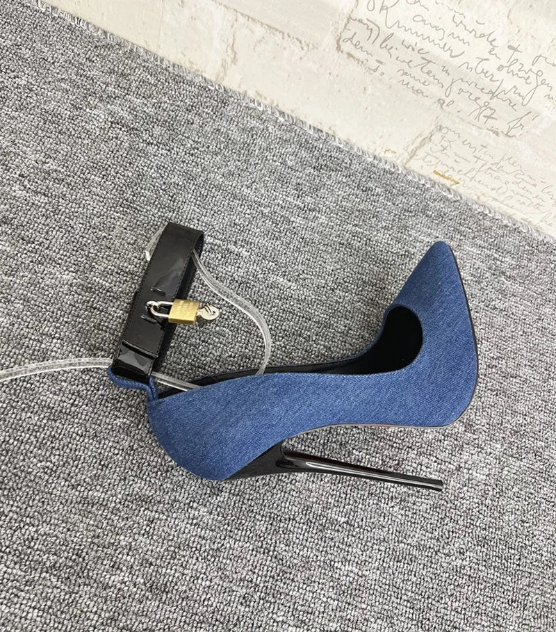 Chic 16cm Denim High Heels for Women - Customizable Fetish Pumps with Ankle Strap and Pointed Toe, Ideal for Cosplay Events