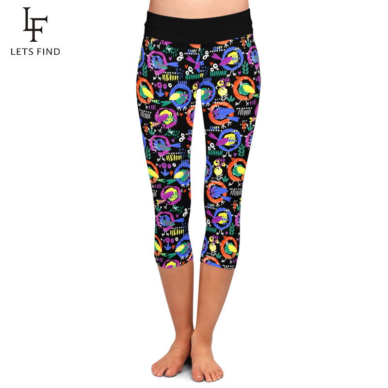 LETSFIND Women's Hand-Painted Cartoon Bird Print High Waist Capri Leggings - Stylish and Comfortable 3/4 Pants