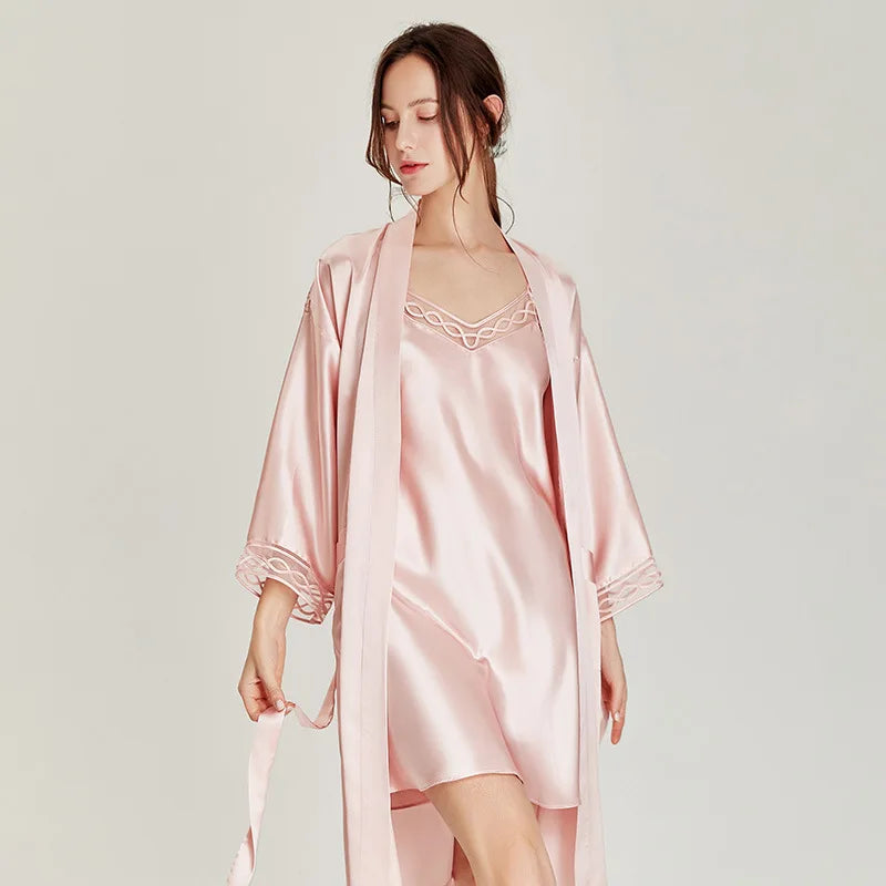 Luxury Mulberry Silk Women's Pajama Set with Kimono Robe & Nightgown - Birdtree