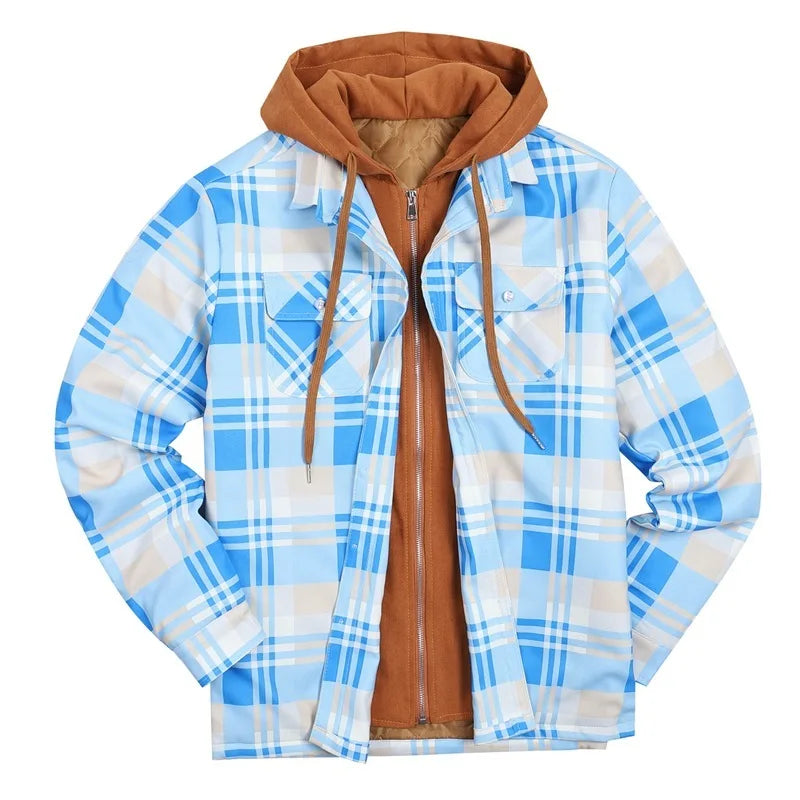 Oversized Men's Quilted Plaid Flannel Hooded Winter Coat