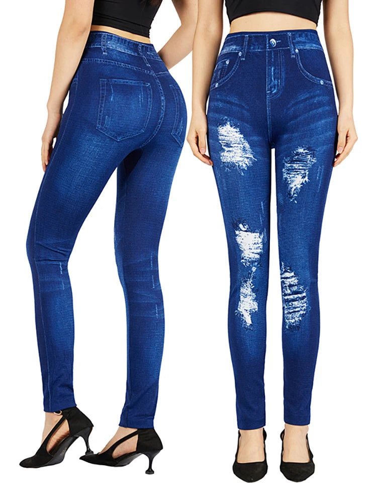 Stylish High Elastic Leggings with Trendy Cutouts and Denim Print for Women