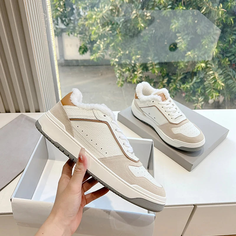 Luxury Vintage Deerskin Winter Sneakers for Women - Padded Casual Ankle Shoes with Anti-Slip Feature