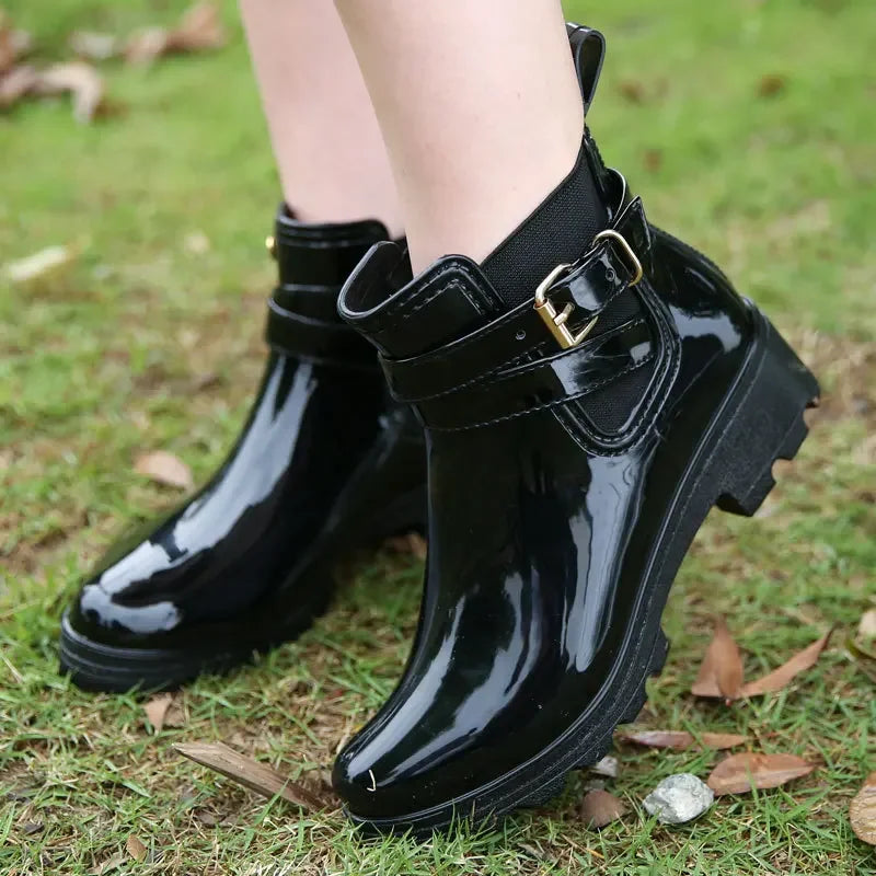 Stylish Waterproof Ankle Rain Boots for Women - PU Leather Slip-On Booties for All Seasons