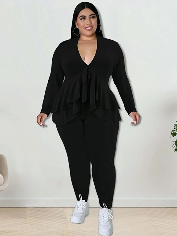 Chic Plus Size Women's Elegant Two-Piece Ruffle Blazer and Pants Suit Set for Stylish Comfort