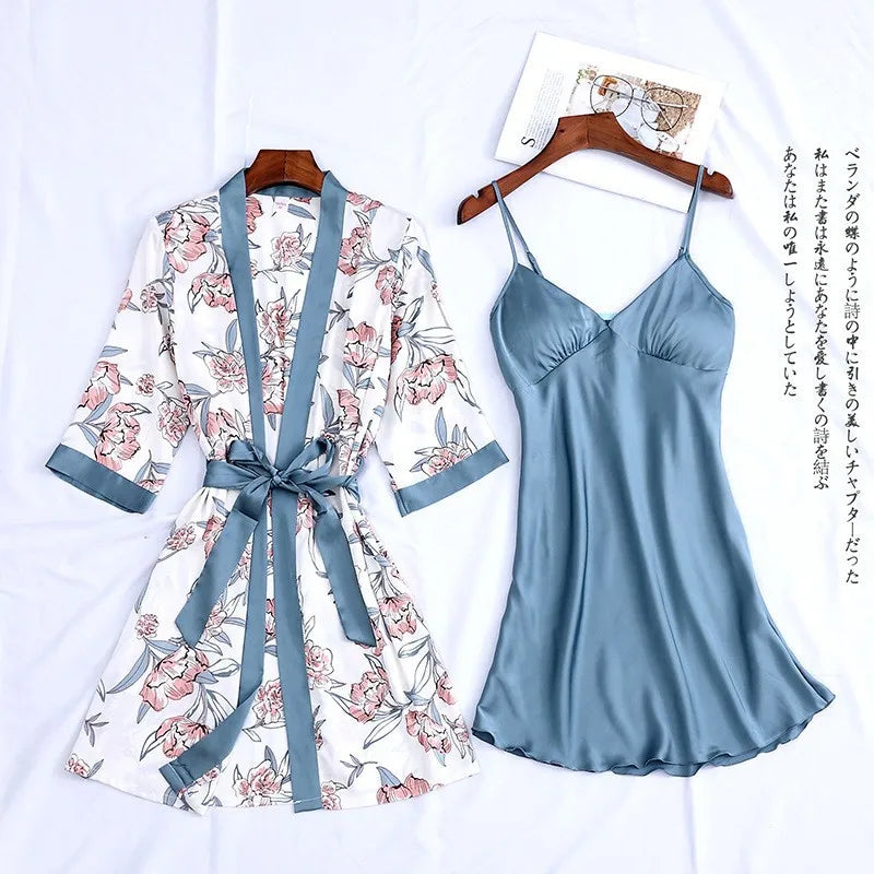 Chic Floral Print Summer Pajama Set with Belted Cardigan and Padded Slip Dress for Women