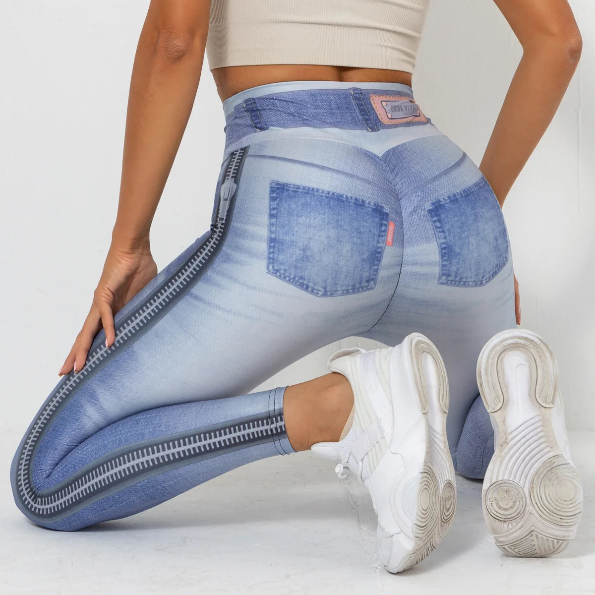 High Waist Scrunch Yoga Leggings for Women - Denim-Look Push Up Fitness Tights