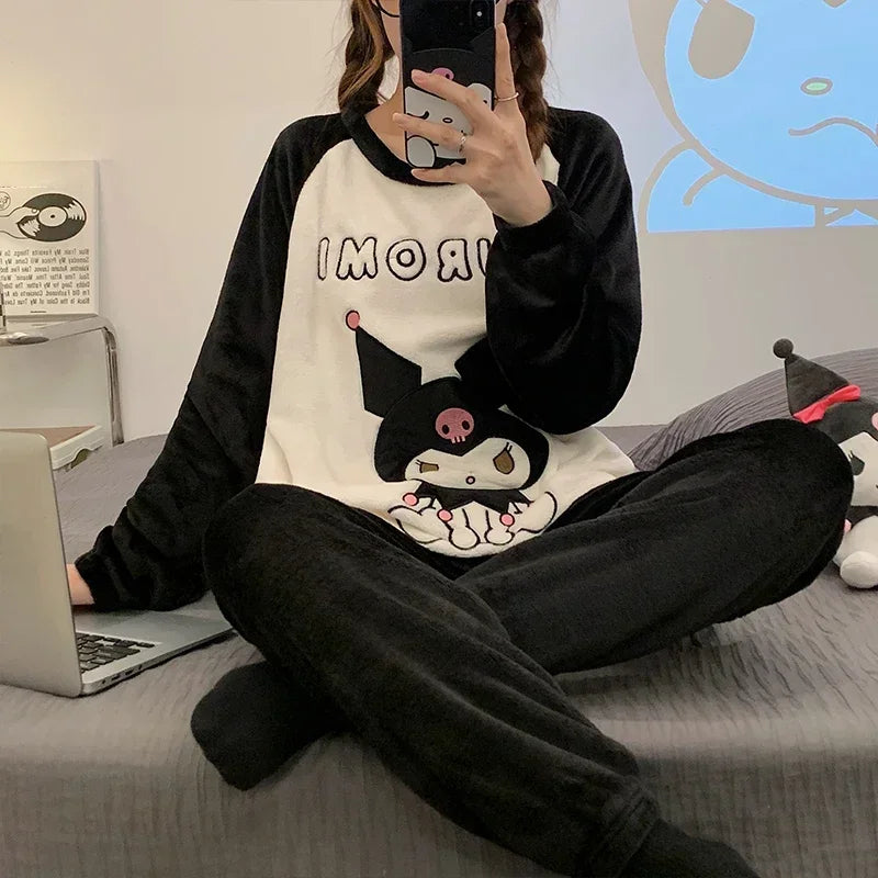 Cozy Sanrio Kuromi Winter Pajama Sets for Women - Adorable Soft Sleepwear & Cartoon Home Wear Gift