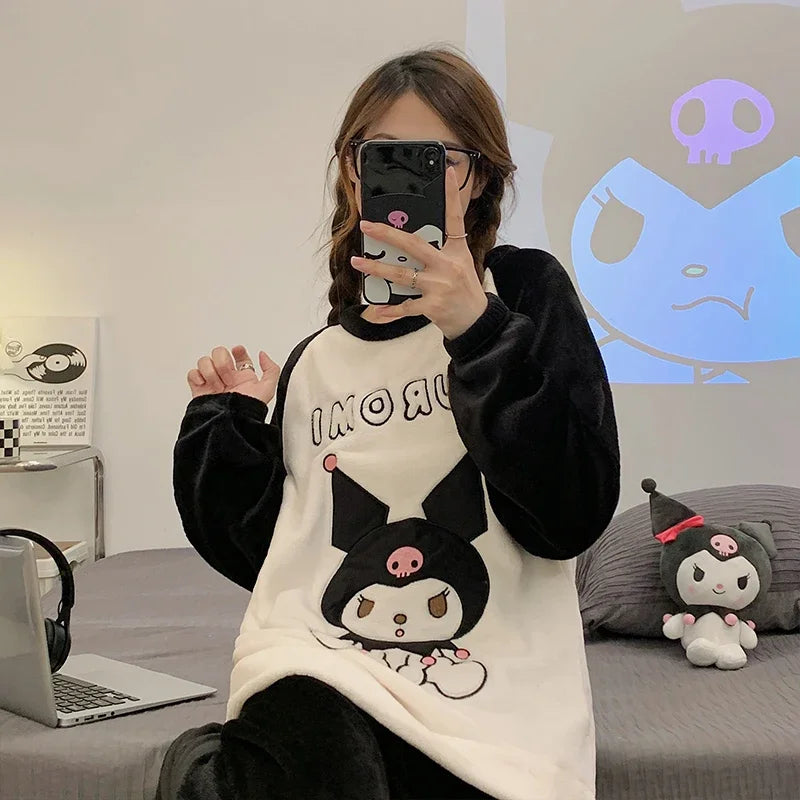 Cozy Sanrio Kuromi Winter Pajama Sets for Women - Adorable Soft Sleepwear & Cartoon Home Wear Gift