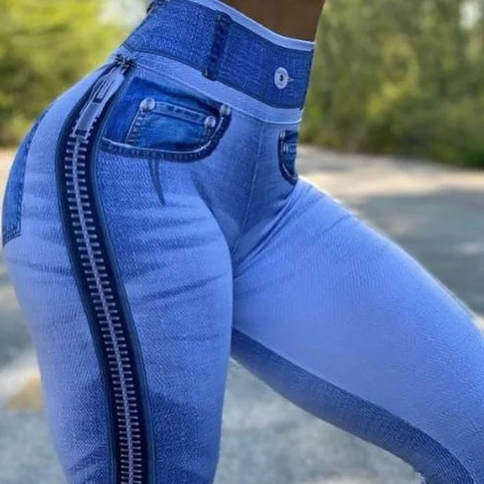 2024 Fall/Winter (XL.XXL.XXXL) Women's High-Waisted Elastic Denim-Look Leggings for Fitness and Yoga